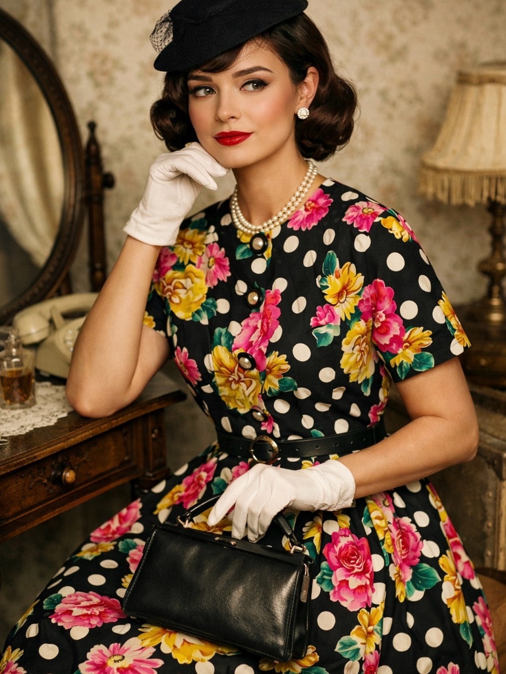 Vintage Heritage House -Black Polka Dot Floral Dress Flared Midi